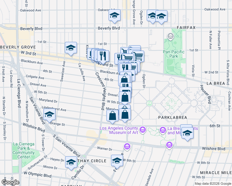 map of restaurants, bars, coffee shops, grocery stores, and more near 6241 Drexel Avenue in Los Angeles