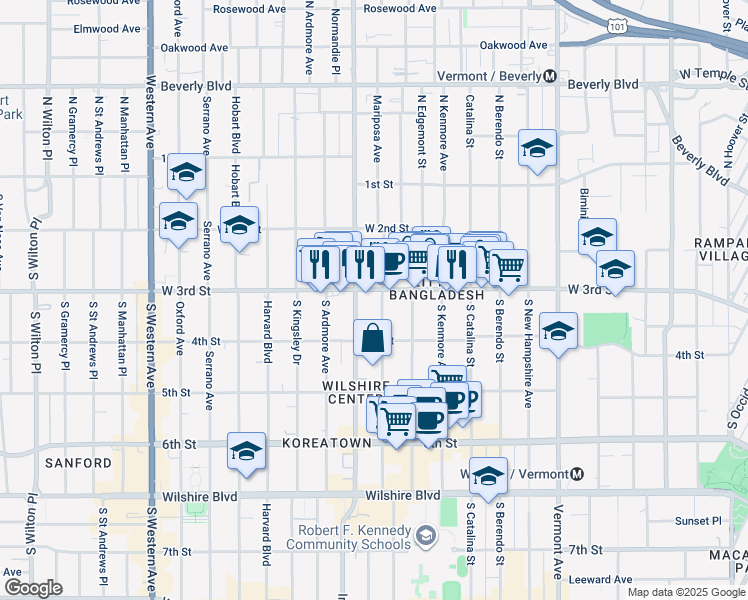 map of restaurants, bars, coffee shops, grocery stores, and more near 309 South Mariposa Avenue in Los Angeles