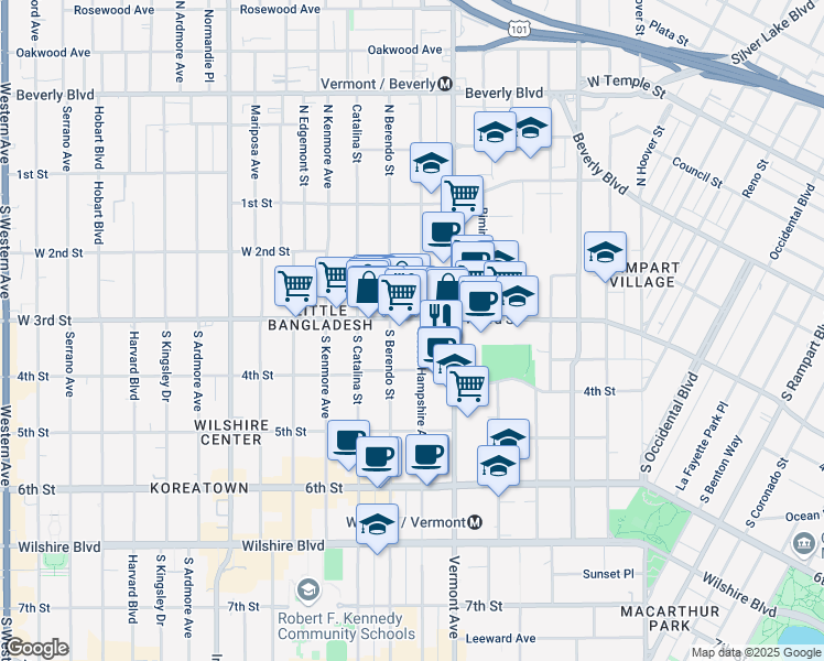 map of restaurants, bars, coffee shops, grocery stores, and more near 330 South New Hampshire Avenue in Los Angeles
