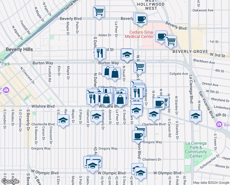 map of restaurants, bars, coffee shops, grocery stores, and more near 157 North La Peer Drive in Beverly Hills