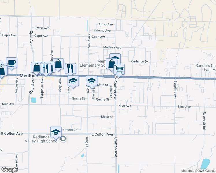 map of restaurants, bars, coffee shops, grocery stores, and more near 10206 Shale Lane in Mentone