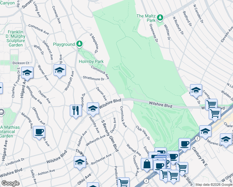 map of restaurants, bars, coffee shops, grocery stores, and more near 875 Comstock Avenue in Los Angeles