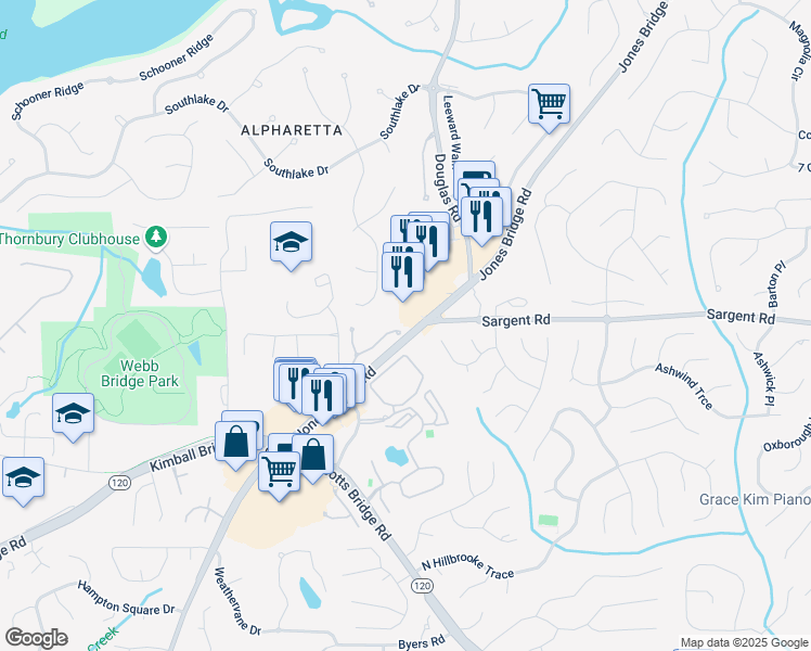 map of restaurants, bars, coffee shops, grocery stores, and more near 5324 Wellsley Bend in Alpharetta