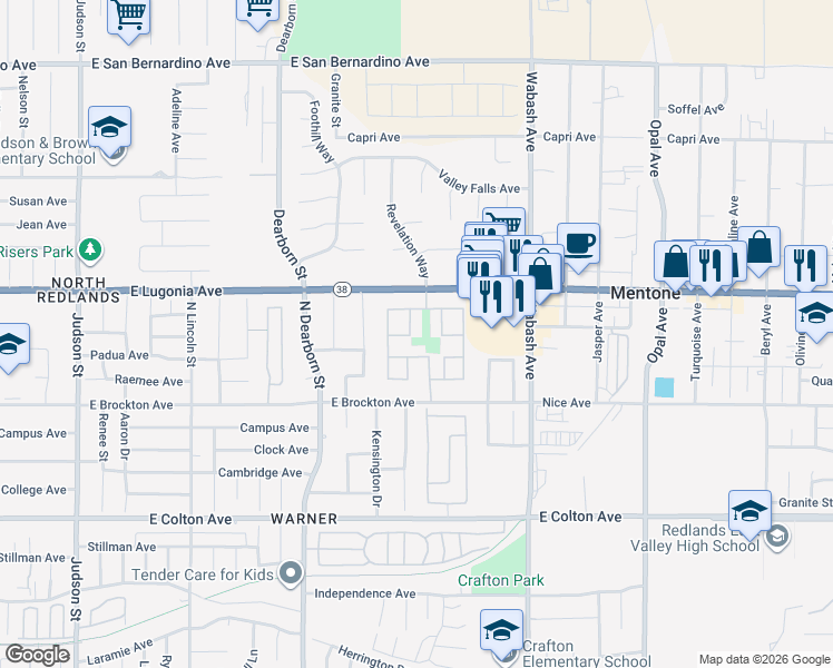 map of restaurants, bars, coffee shops, grocery stores, and more near 1226 Vía Palermo in Redlands