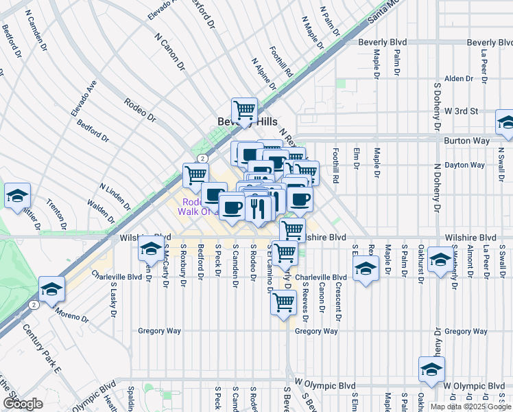 map of restaurants, bars, coffee shops, grocery stores, and more near 236 North Rodeo Drive in Beverly Hills