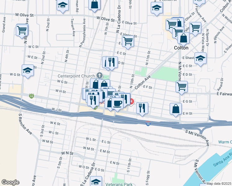 map of restaurants, bars, coffee shops, grocery stores, and more near 182 East G Street in Colton
