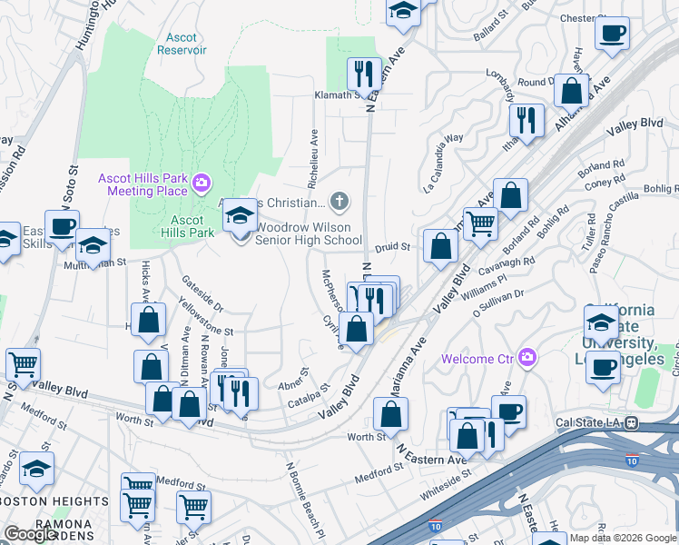 map of restaurants, bars, coffee shops, grocery stores, and more near 2100 McPherson Avenue in Los Angeles