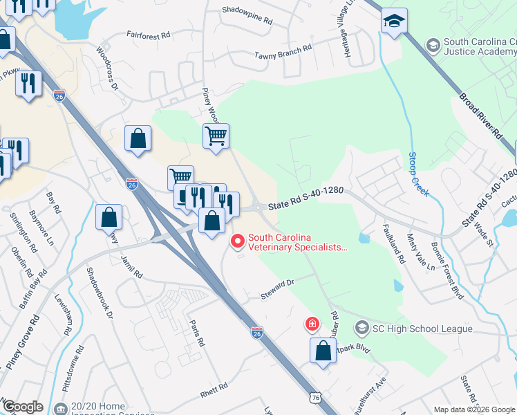 map of restaurants, bars, coffee shops, grocery stores, and more near Piney Grove Rd & Piney Woods Rd in St Andrews