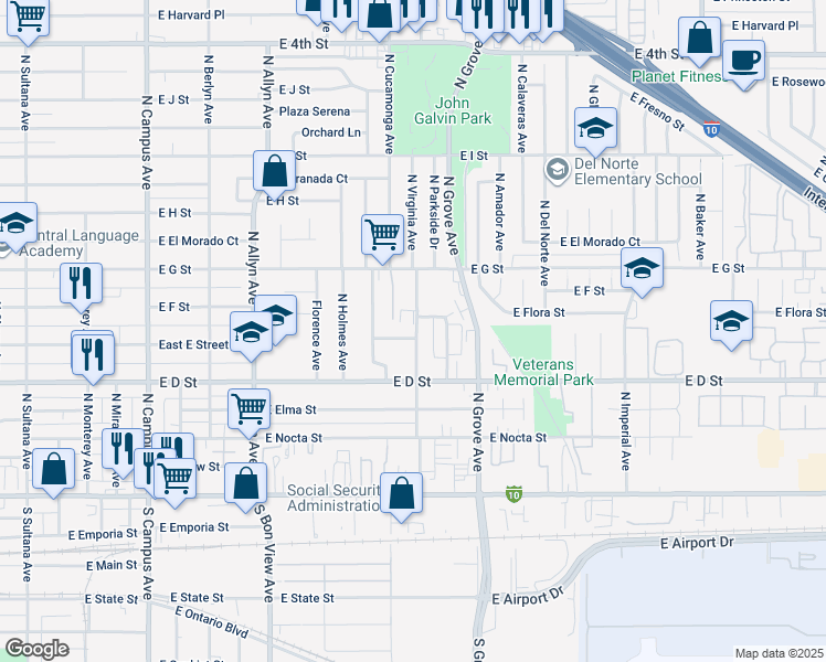 map of restaurants, bars, coffee shops, grocery stores, and more near 1116 East E Street in Ontario