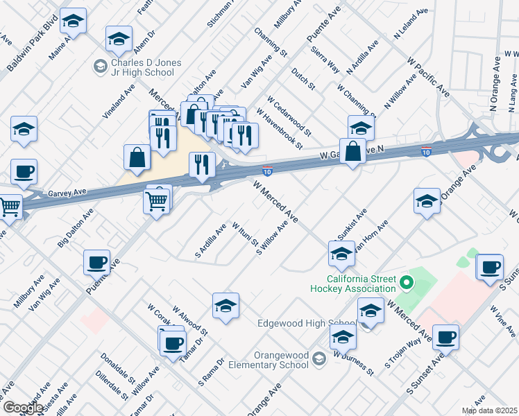 map of restaurants, bars, coffee shops, grocery stores, and more near 1229 South Willow Avenue in West Covina