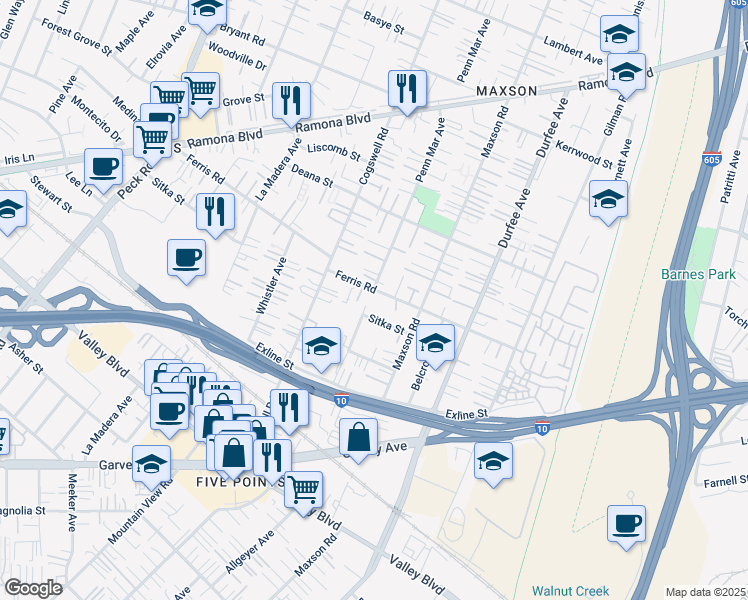 map of restaurants, bars, coffee shops, grocery stores, and more near 12102 Sitka Street in El Monte