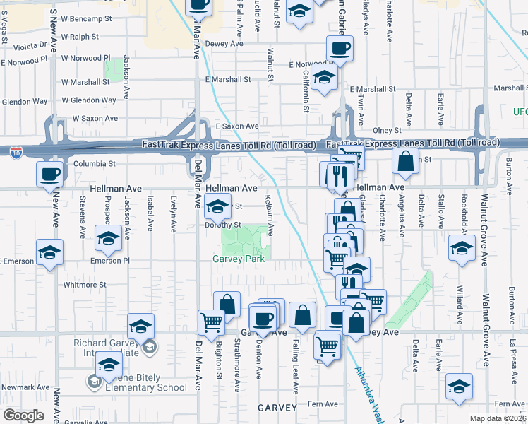 map of restaurants, bars, coffee shops, grocery stores, and more near 3260 Kelburn Avenue in Rosemead