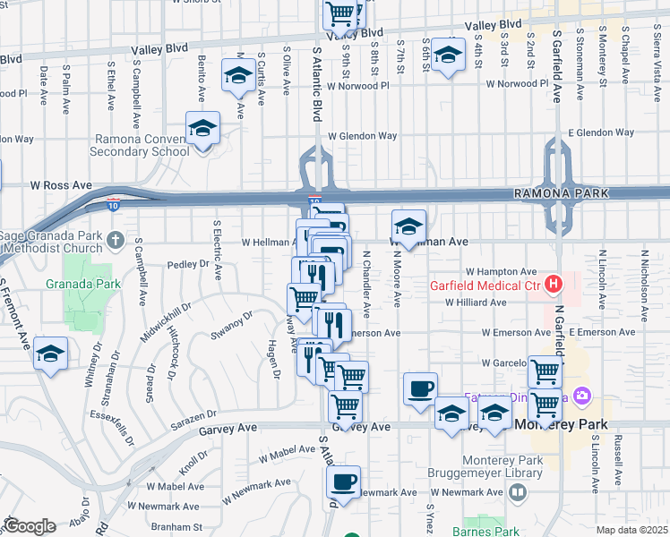 map of restaurants, bars, coffee shops, grocery stores, and more near 500 North Atlantic Boulevard in Monterey Park