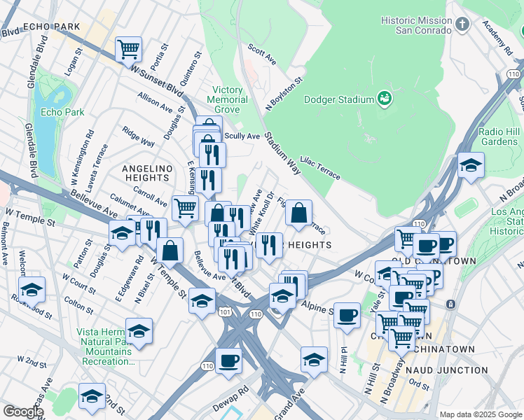 map of restaurants, bars, coffee shops, grocery stores, and more near 929 White Knoll Drive in Los Angeles