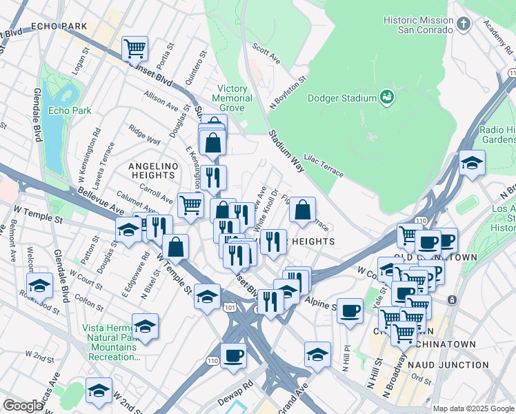 map of restaurants, bars, coffee shops, grocery stores, and more near 929 White Knoll Drive in Los Angeles