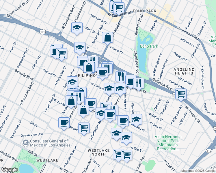 map of restaurants, bars, coffee shops, grocery stores, and more near 1818 West Court Street in Los Angeles