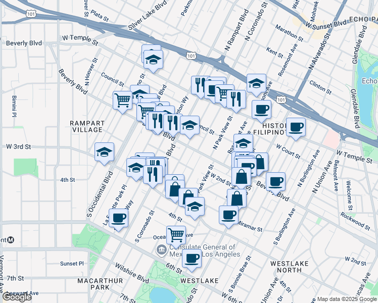 map of restaurants, bars, coffee shops, grocery stores, and more near 120 South Carondelet Street in Los Angeles