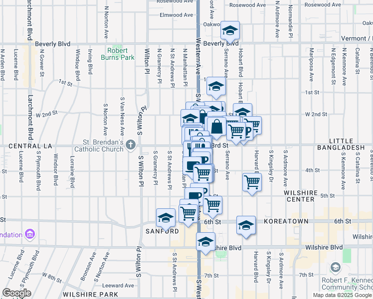map of restaurants, bars, coffee shops, grocery stores, and more near 333 South Western Avenue in Los Angeles