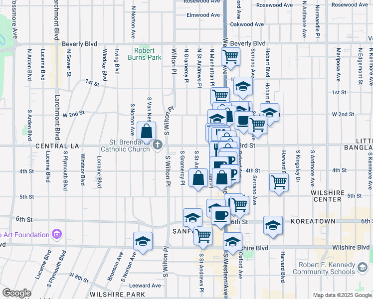 map of restaurants, bars, coffee shops, grocery stores, and more near 326 South Gramercy Place in Los Angeles