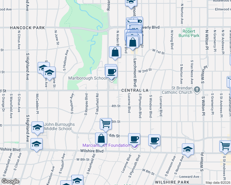 map of restaurants, bars, coffee shops, grocery stores, and more near 333S South Arden Boulevard in Los Angeles