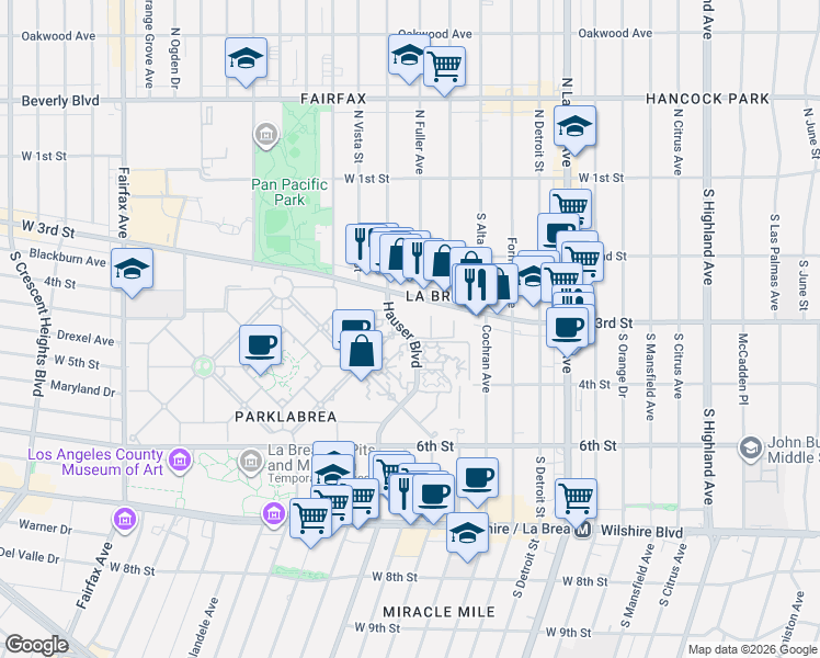 map of restaurants, bars, coffee shops, grocery stores, and more near 350 South Fuller Avenue in Los Angeles