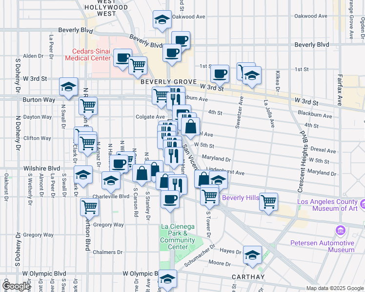 map of restaurants, bars, coffee shops, grocery stores, and more near 147 North Hamilton Drive in Beverly Hills
