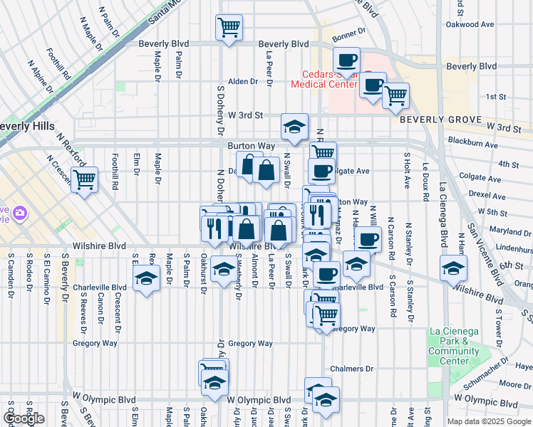 map of restaurants, bars, coffee shops, grocery stores, and more near 126 North Almont Drive in Beverly Hills