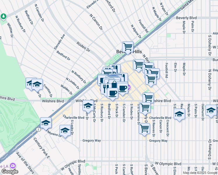 map of restaurants, bars, coffee shops, grocery stores, and more near in Beverly Hills