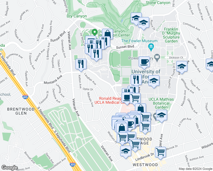 map of restaurants, bars, coffee shops, grocery stores, and more near 519 Landfair Avenue in Los Angeles
