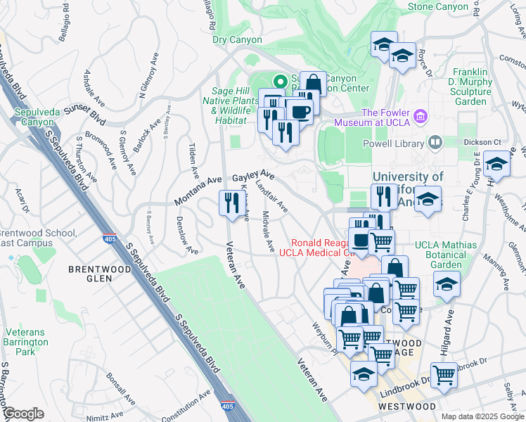 map of restaurants, bars, coffee shops, grocery stores, and more near 11002 Ophir Drive in Los Angeles