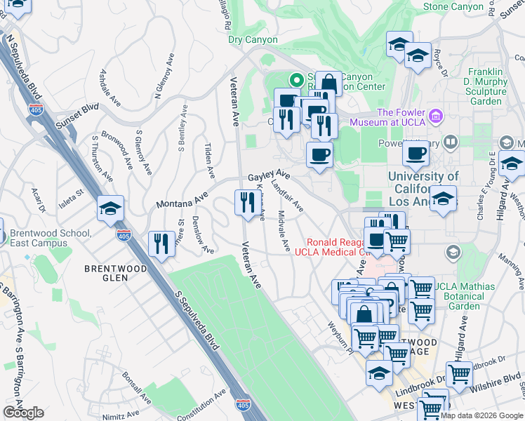 map of restaurants, bars, coffee shops, grocery stores, and more near 512 Kelton Avenue in Los Angeles