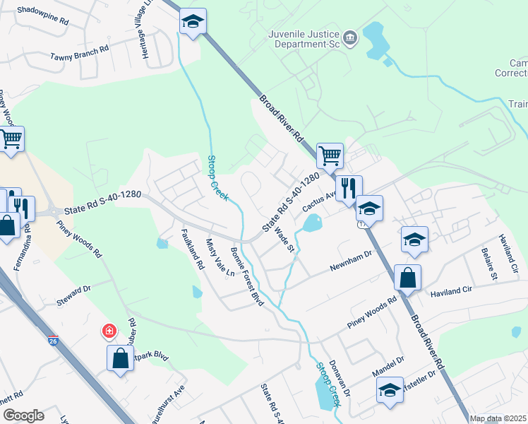map of restaurants, bars, coffee shops, grocery stores, and more near 1119 Piney Grove Road in Columbia