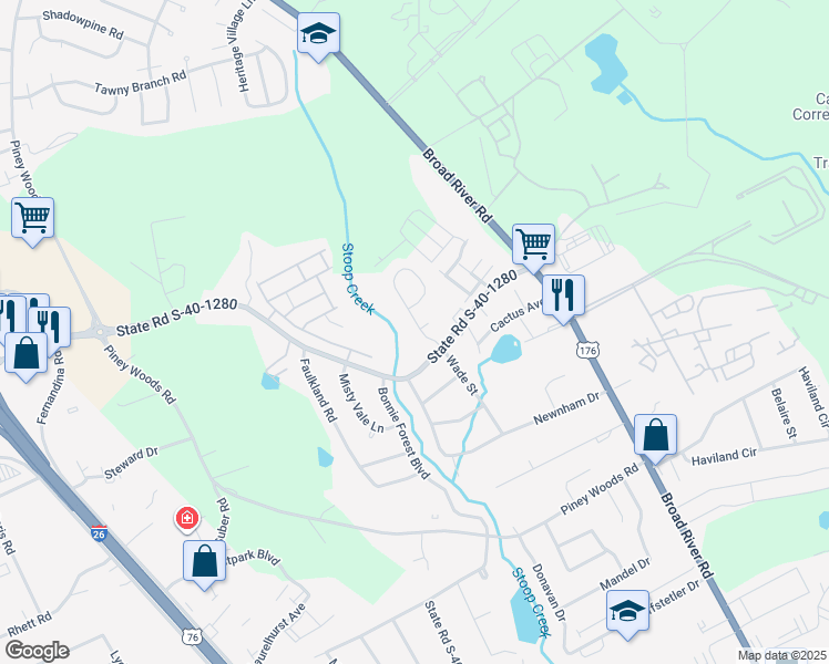 map of restaurants, bars, coffee shops, grocery stores, and more near 1119 Piney Grove Road in Columbia