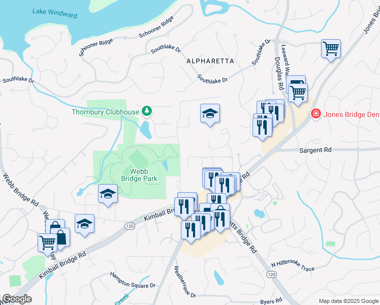 map of restaurants, bars, coffee shops, grocery stores, and more near 345 Crown Vetch Lane in Alpharetta