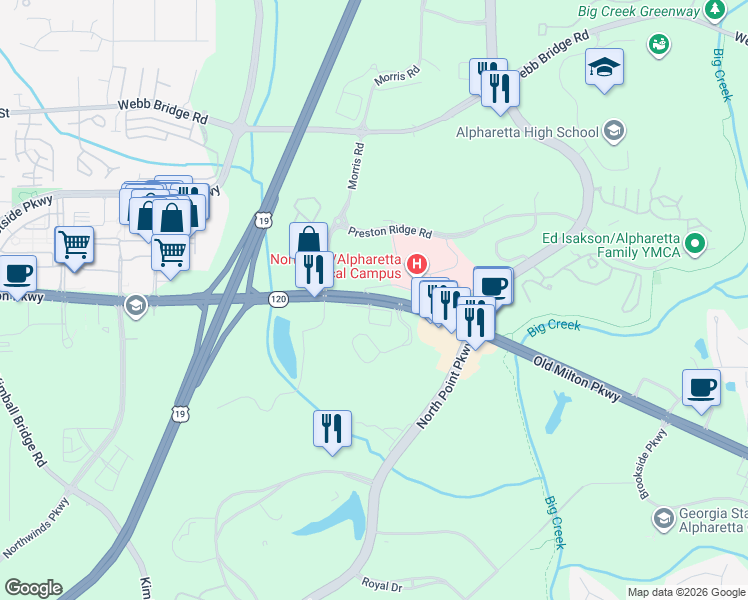 map of restaurants, bars, coffee shops, grocery stores, and more near 3331 Old Milton Parkway in Alpharetta