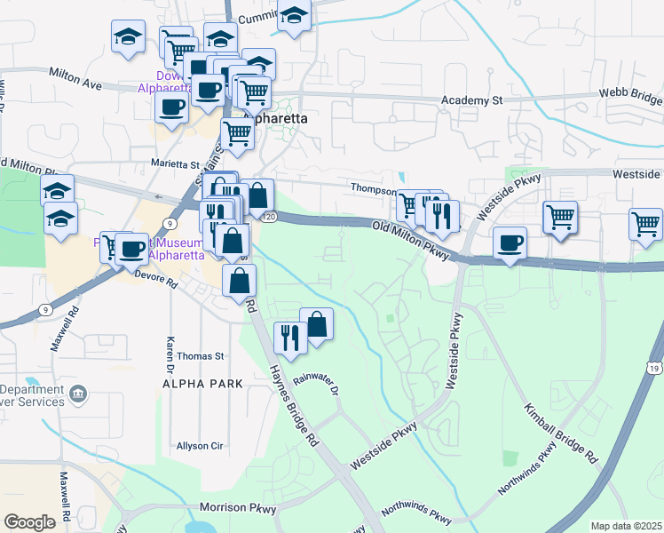 map of restaurants, bars, coffee shops, grocery stores, and more near 411 Johnson Court in Alpharetta