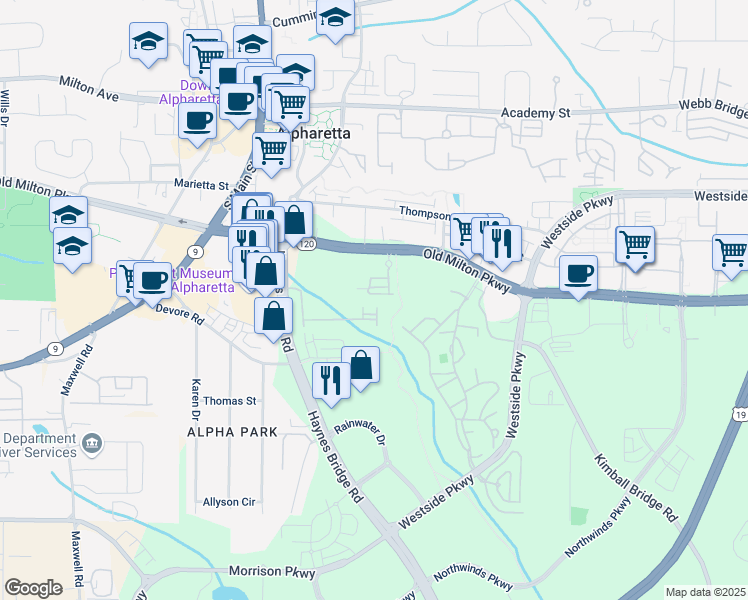 map of restaurants, bars, coffee shops, grocery stores, and more near 403 Johnson Court in Alpharetta