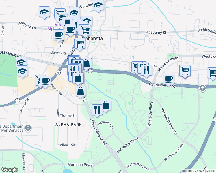map of restaurants, bars, coffee shops, grocery stores, and more near 712 Nottaway Lane in Alpharetta