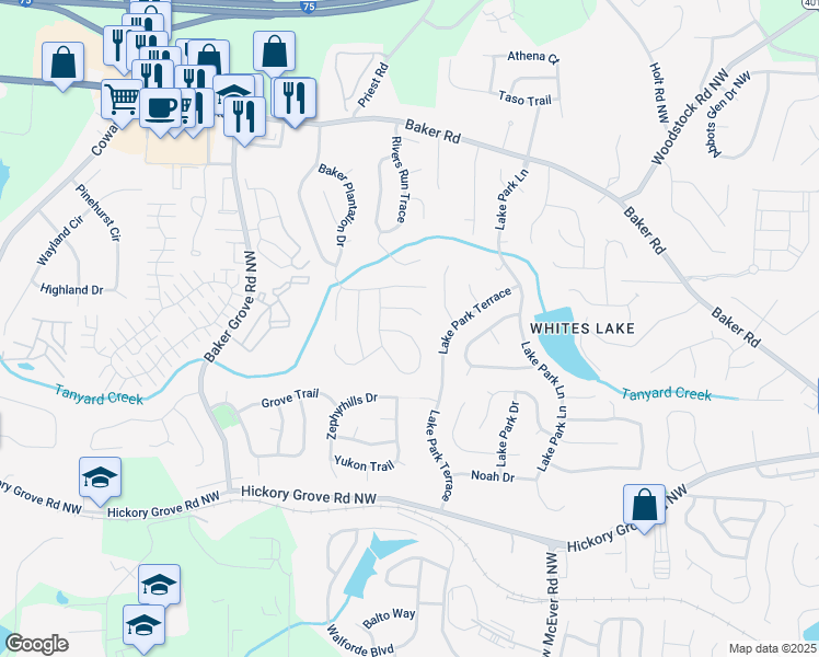 map of restaurants, bars, coffee shops, grocery stores, and more near 4733 Julian Way in Acworth