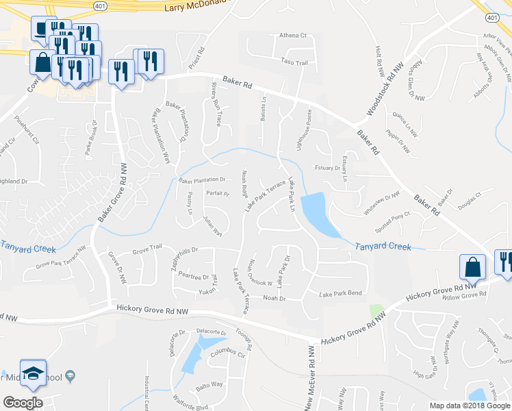 map of restaurants, bars, coffee shops, grocery stores, and more near 4840 Lake Park Terrace in Acworth