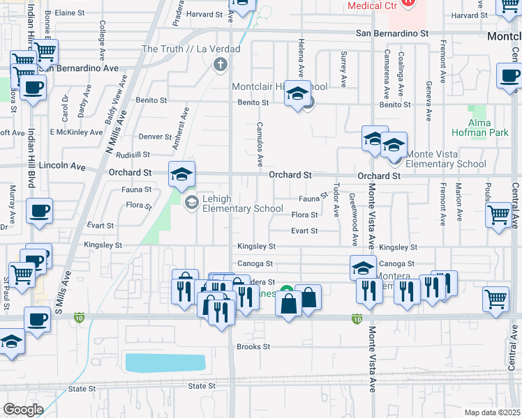 map of restaurants, bars, coffee shops, grocery stores, and more near 10199 Camulos Avenue in Montclair
