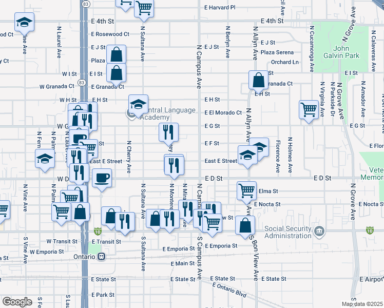 map of restaurants, bars, coffee shops, grocery stores, and more near 654 East E Street in Ontario