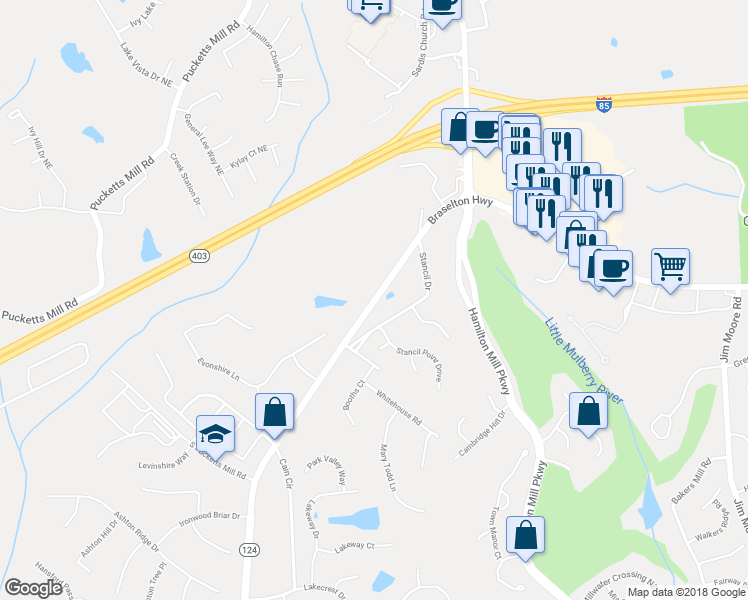 map of restaurants, bars, coffee shops, grocery stores, and more near 3238 Braselton Highway in Dacula