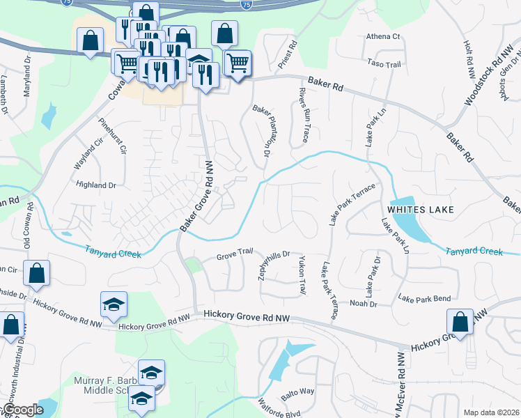 map of restaurants, bars, coffee shops, grocery stores, and more near 4781 Cooks Court in Acworth