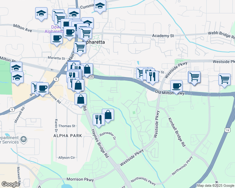 map of restaurants, bars, coffee shops, grocery stores, and more near 712 Nottaway Lane in Alpharetta