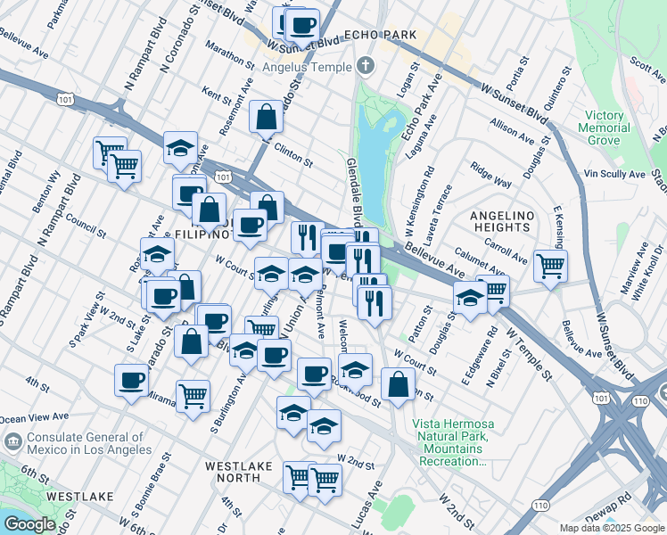 map of restaurants, bars, coffee shops, grocery stores, and more near 334 Belmont Avenue in Los Angeles