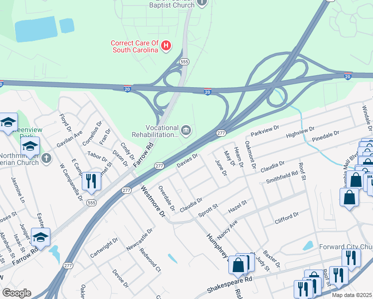 map of restaurants, bars, coffee shops, grocery stores, and more near South Carolina 277 in Columbia