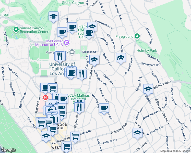 map of restaurants, bars, coffee shops, grocery stores, and more near 643 Westholme Avenue in Los Angeles