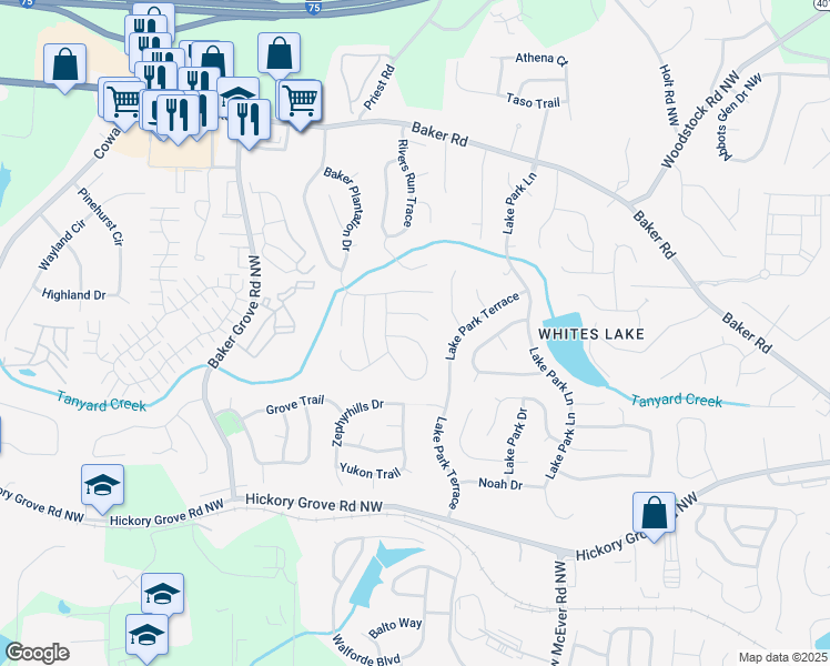 map of restaurants, bars, coffee shops, grocery stores, and more near 4733 Julian Way in Acworth