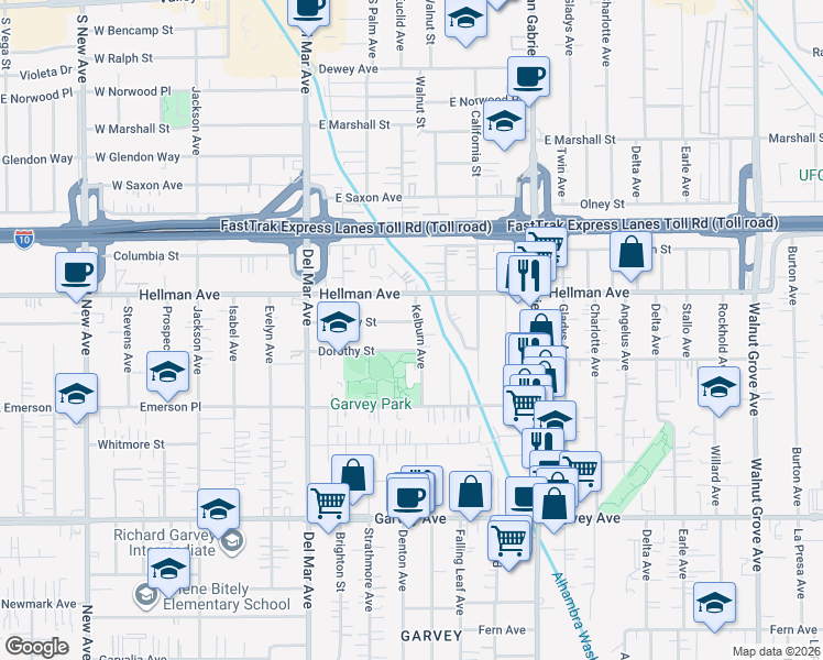 map of restaurants, bars, coffee shops, grocery stores, and more near 3260 Kelburn Avenue in Rosemead